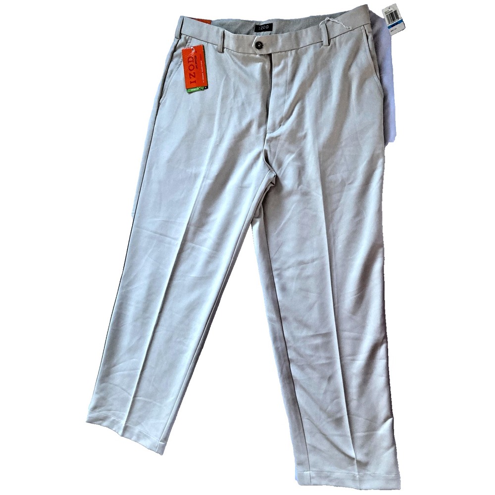 IZOD XFG Pants Mens 36x32 Beige Golf Performance Twill Flat Front Polyester NWT